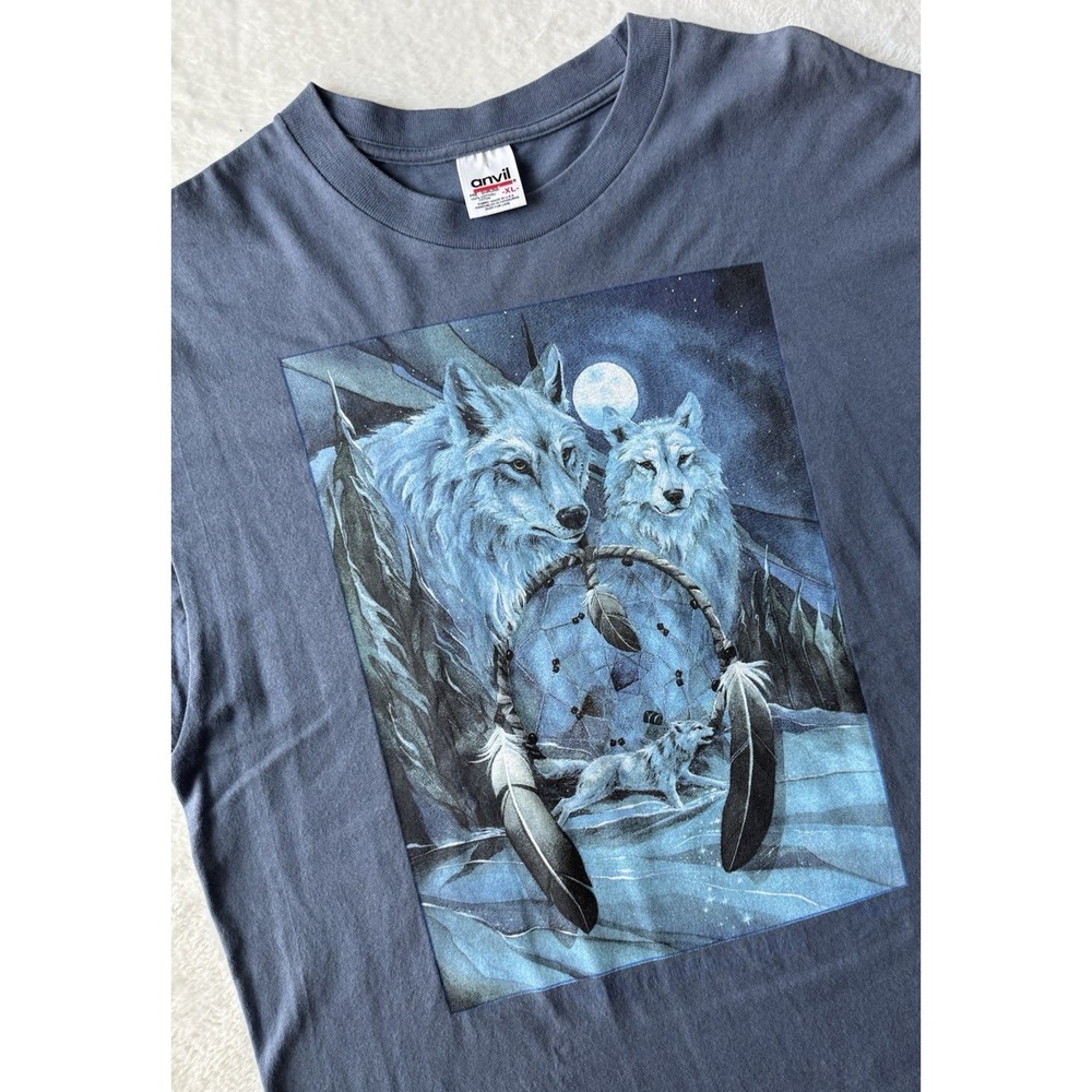 Vintage 90s Nature Tee Shirt Native Wolf Dream Catcher Print USA‎ Single Stitch
